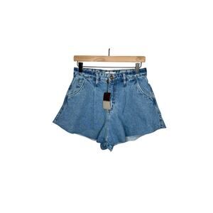 IORANE Denim Shorts M Blue Jean Pleated High Rise Raw Cut Hem 100 Cotton NWT New